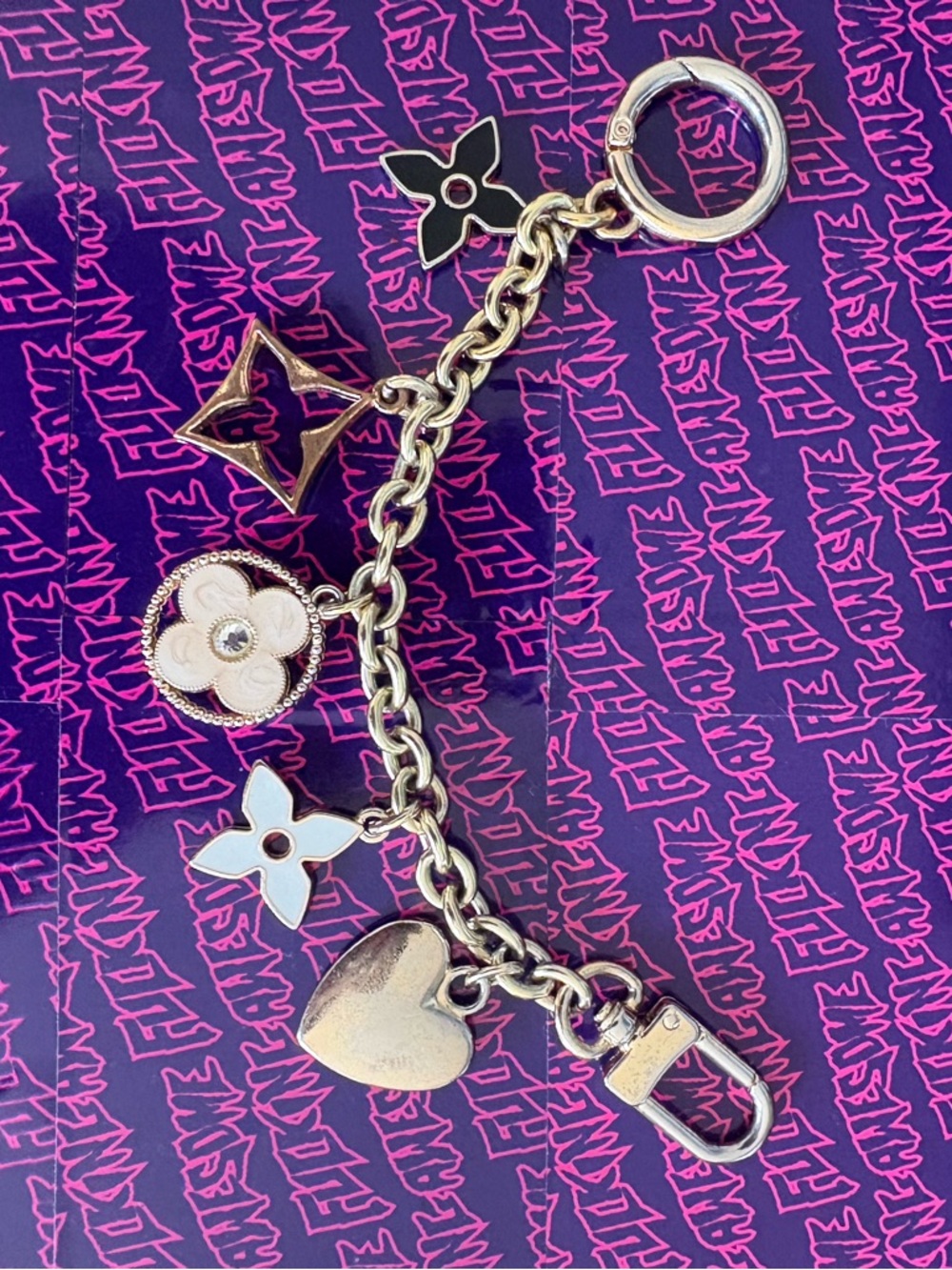 Louis Vuitton Gold Tone Charm Keychain with White and Black Accents